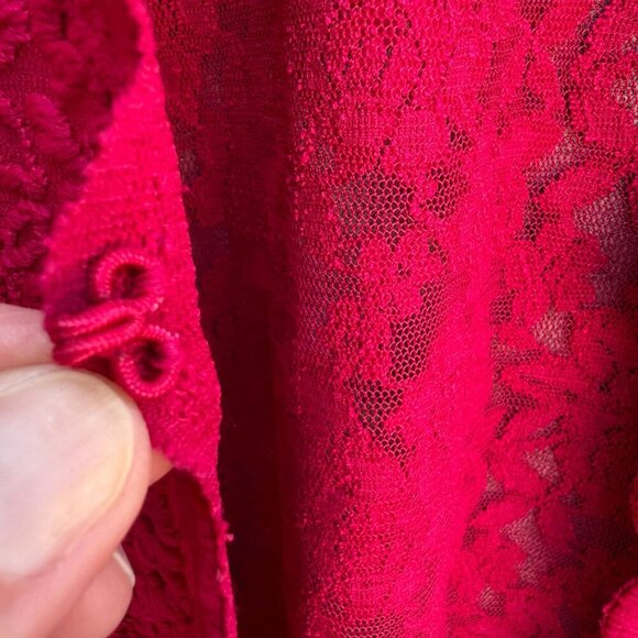 Susan Graver Style Red Lace Semi Sheer Scalloped Edge Open Front Cardigan M - Picture 5 of 9